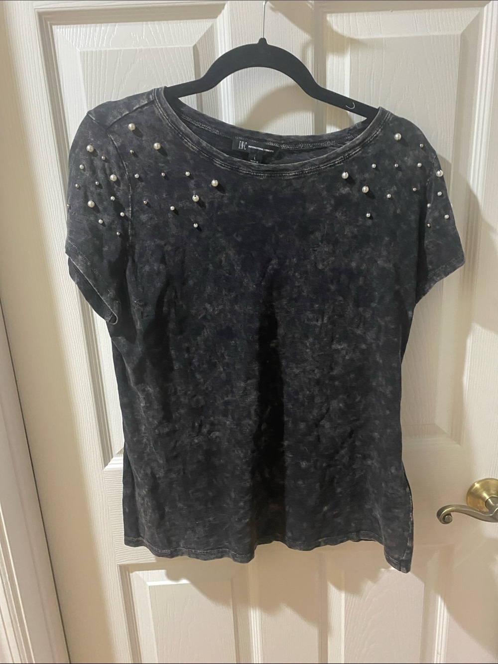INC International Concepts Washed Black Short Sleeve Top with Pearl Studs